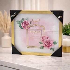 Crystal Luxe Prada Perfume Bottle Framed Wall Art Gold Frame Roses Glam Decor